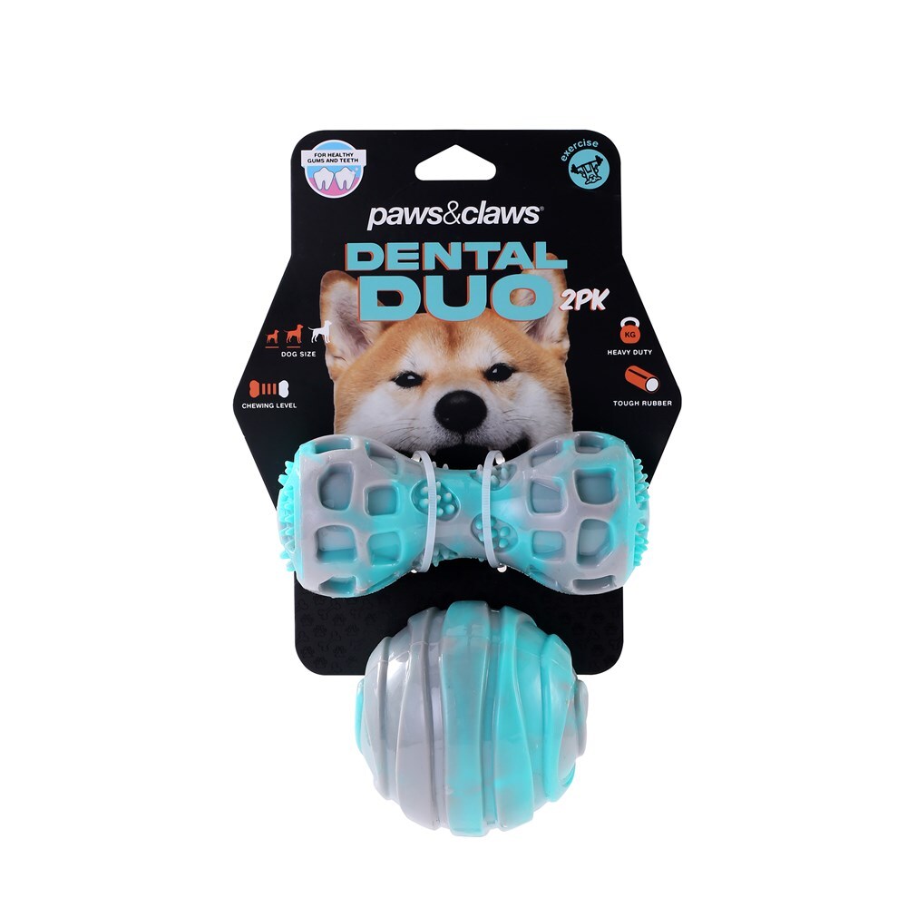 2pc Paws &amp; Claws Dental Duo Pet Dog TPR Ball &amp; Baton Blue