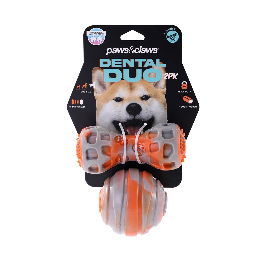 2pc Paws &amp; Claws Dental Duo Pet Dog TPR Ball &amp; Baton Orange