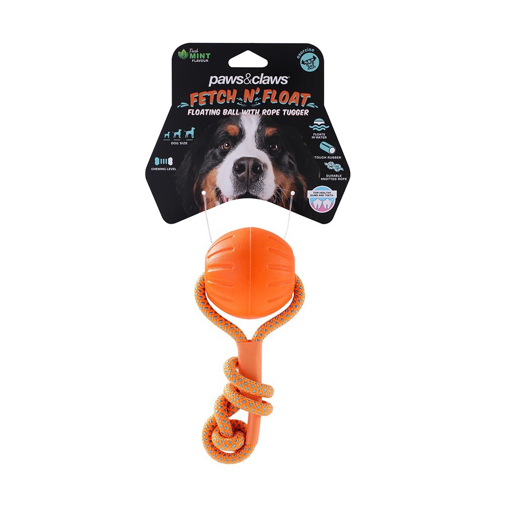 Paws &amp; Claws Fetch N&#39; Play Pet Dog Ball Rope Tugger 6cm Orange