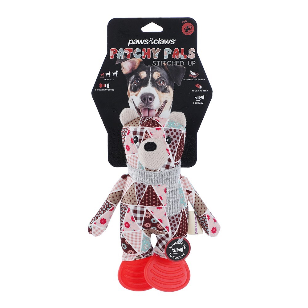 Paws &amp; Claws Patchy Pals Stitched Up Animals Plush Bear Pet Dog Toy 24x18x6cm