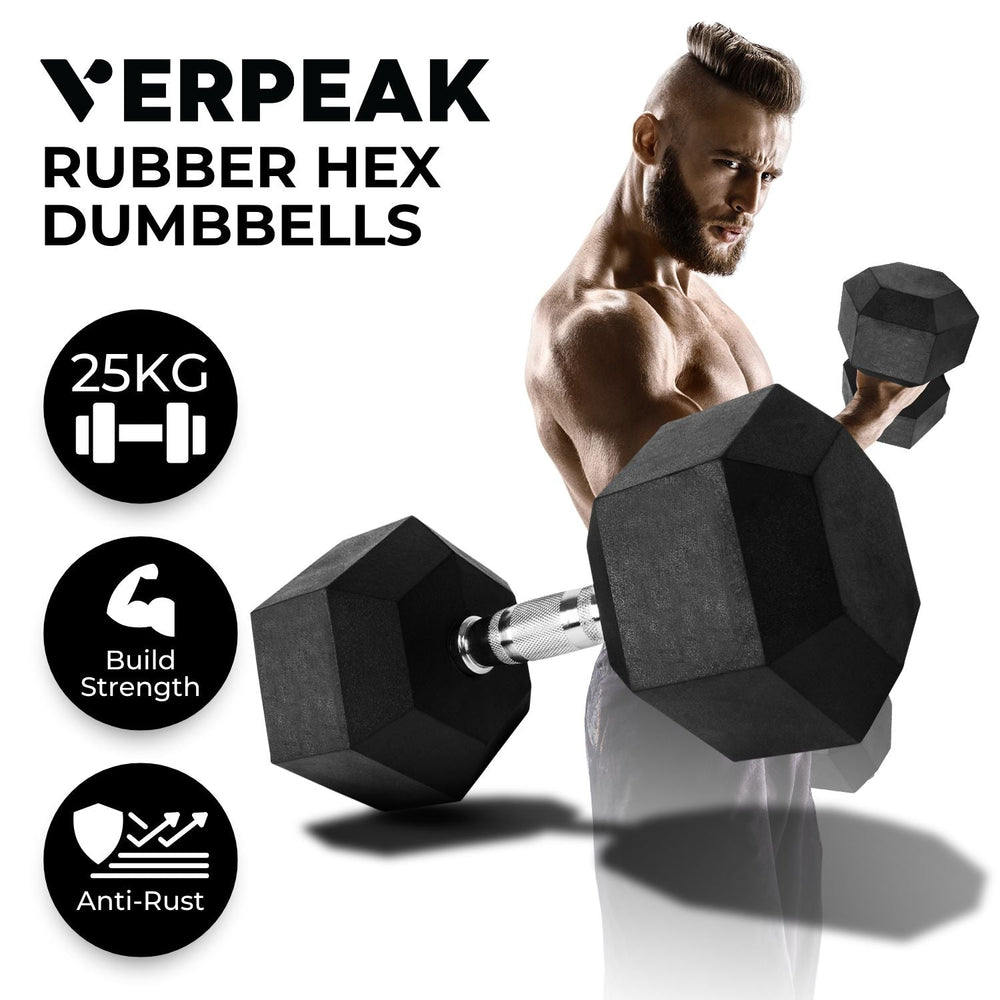 Verpeak 25KG Essential Rubber Hex Dumbbell,Hex Dumbbell,Fixed Weight Dumbbell,Gym Weights,Dumbbell Weights,Barbell Weights for Weightlifting