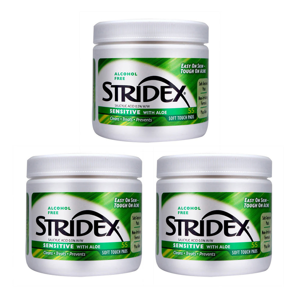 Stridex 0.5% Salicylic Acid Acne Alcohol Free Clearing Mild Cleaning Wet Cotton Pads Green 55 Pieces X3Pack