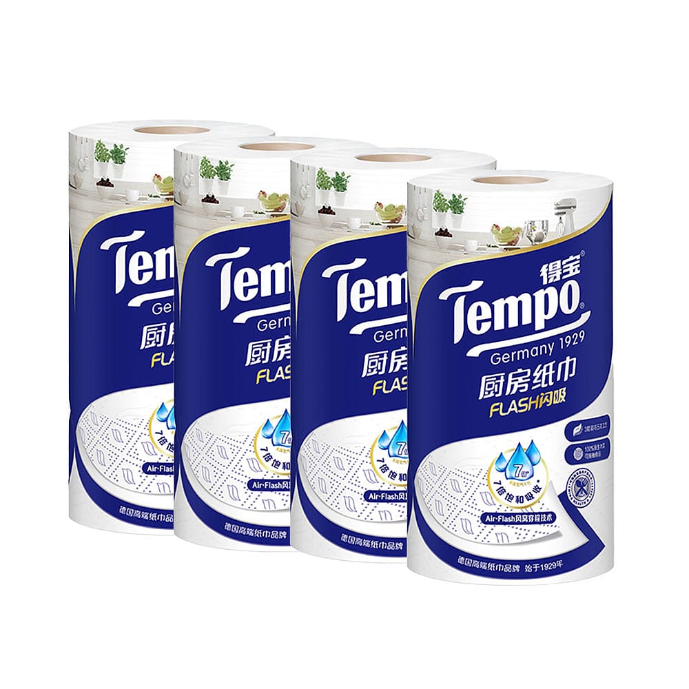 Tempo 3-Ply Flash Absorbent Kitchen Cleaning Paper Towel Rolls 88 Sheets per Roll X4Pack