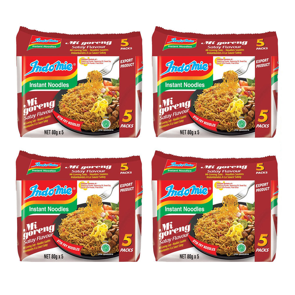 Indomie Indonesian Boiled and Strained Noodles with Satay Flavor 80gX5BagsX4pack