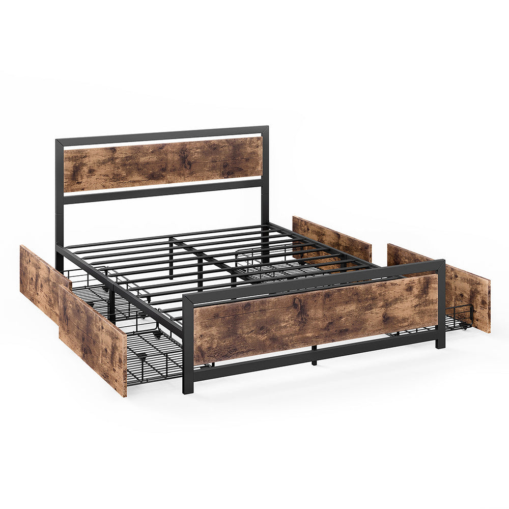 Levede Queen Bed Frame Industrial Mattress Base Wooden 4 Storage Drawers