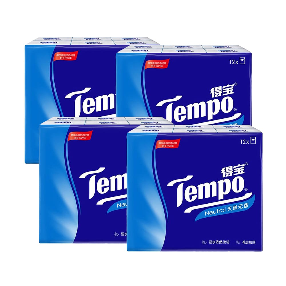 Tempo Mini Pocket Paper Tissues Travel Size Natural Unscented 7 Sheets 12bags X4Pack