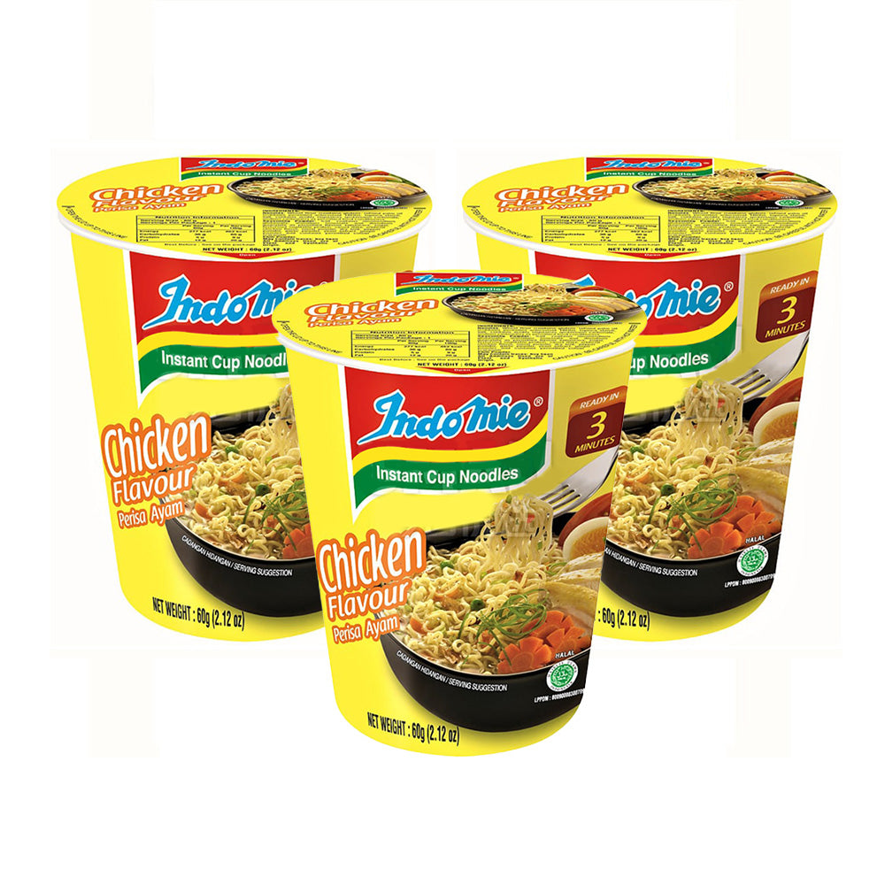 Indomie Indonesian Boiled and Strained Noodles with Chicken Flavor and Cup Package 60gX3pack