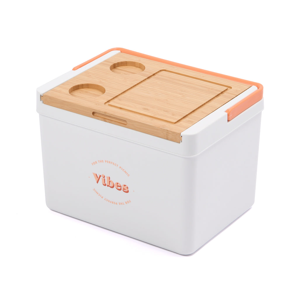 Vibes Portable Cooler Box with Bamboo Lid White &amp; Peach 36x27.5x26cm