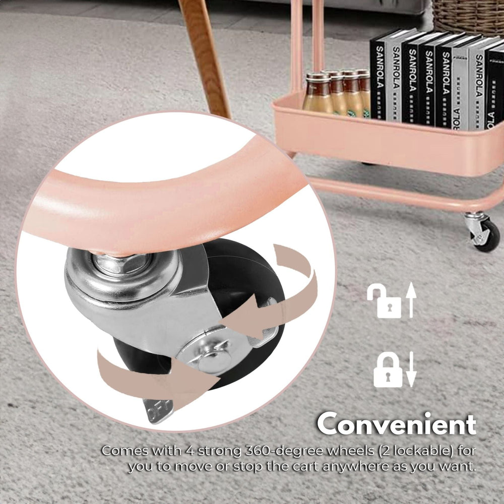 EKKIO Kitchen Trolley Cart 3 Tiers Storage Rack Steel Shelf Organiser Wheels Pink
