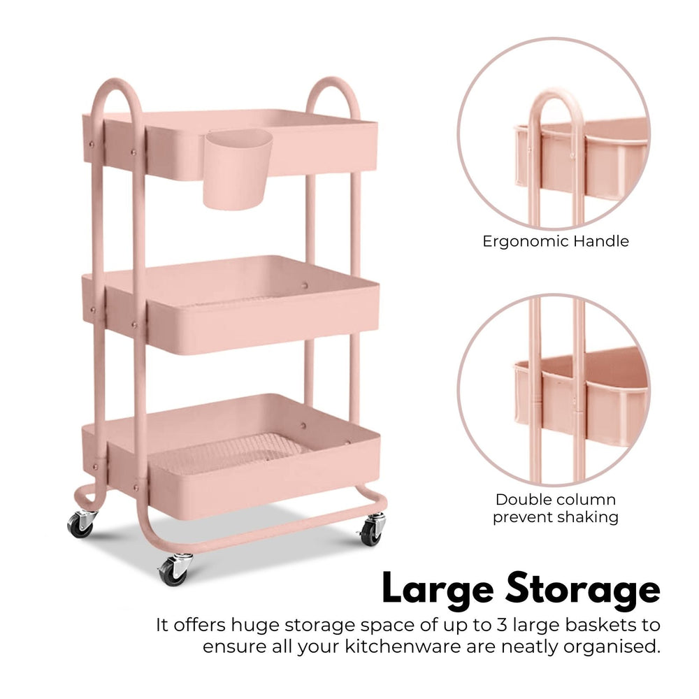 EKKIO Kitchen Trolley Cart 3 Tiers Storage Rack Steel Shelf Organiser Wheels Pink
