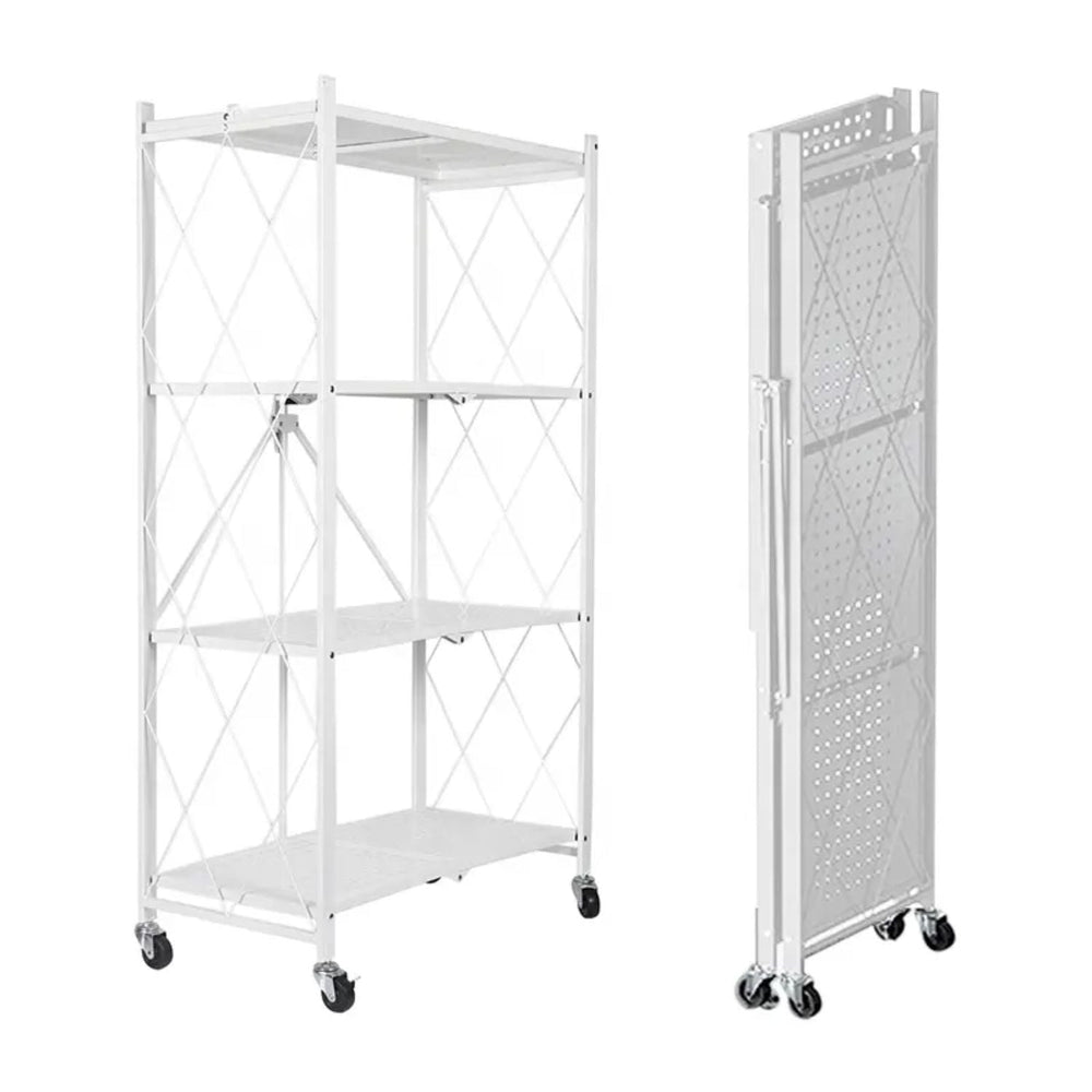 EKKIO 4 Tier Foldable Storage Shelf Display Rack Bookshelf Shelves Wheel Collapsible White