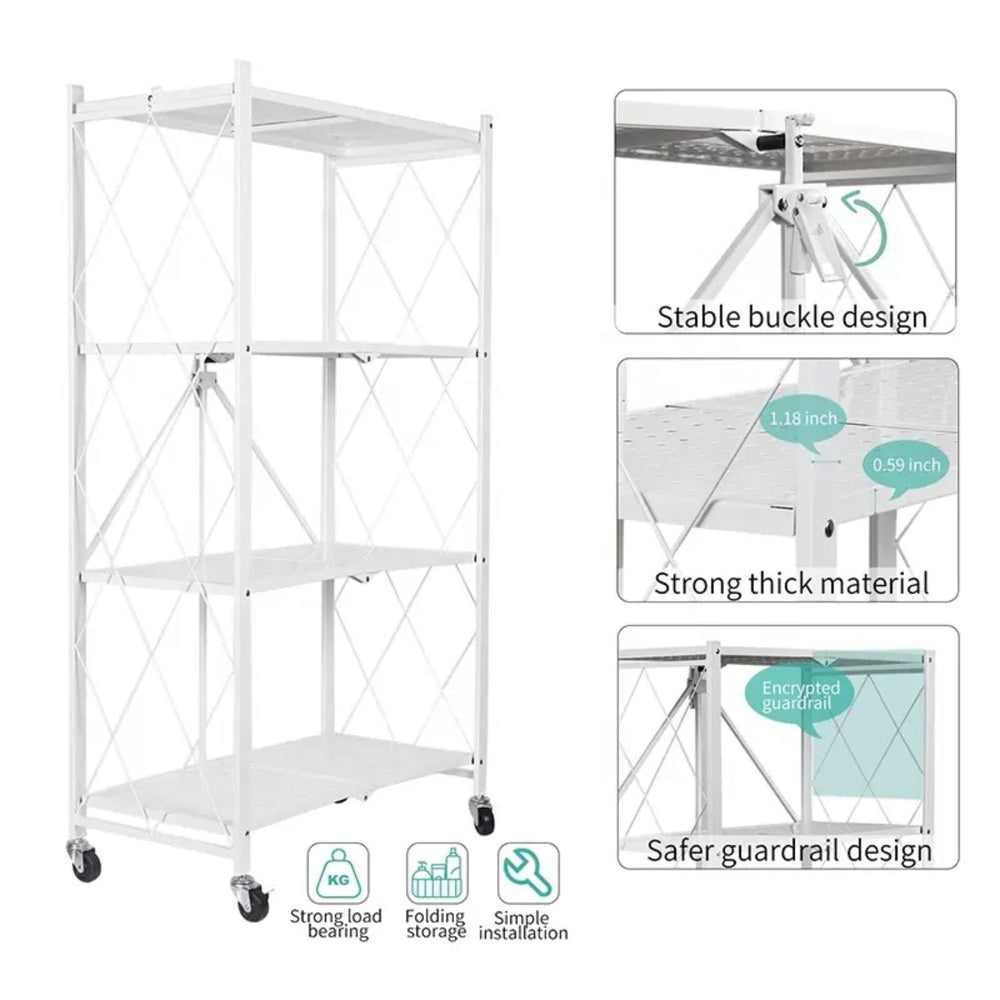 EKKIO 4 Tier Foldable Storage Shelf Display Rack Bookshelf Shelves Wheel Collapsible White