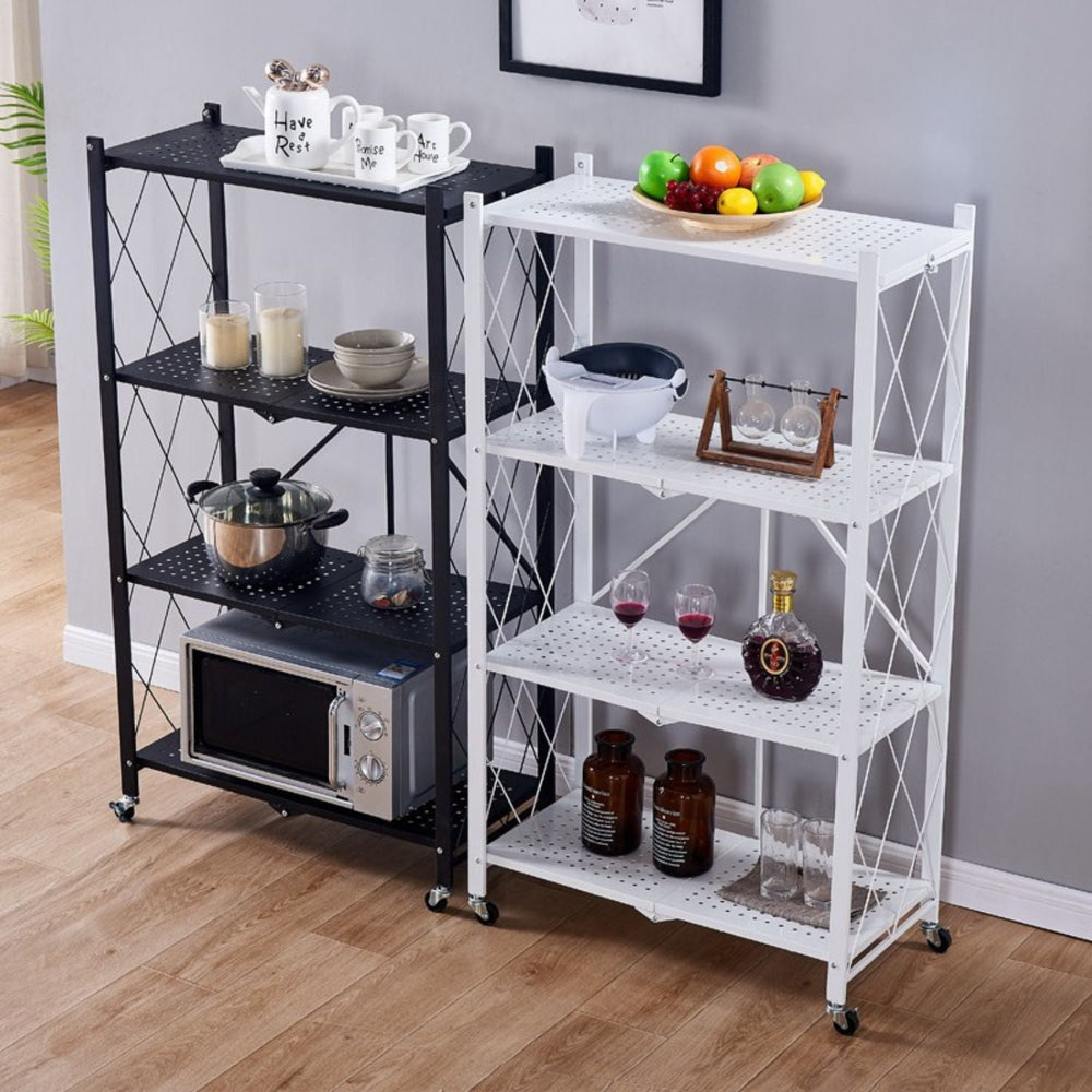 EKKIO 4 Tier Foldable Storage Shelf Display Rack Bookshelf Shelves Wheel Collapsible White