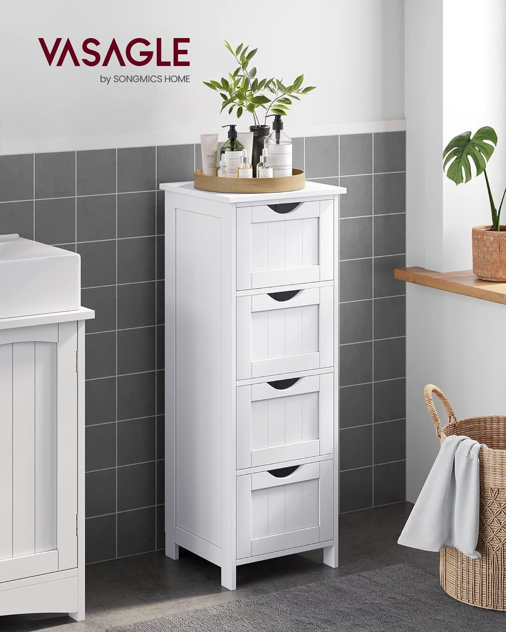 VASAGLE 4 Chest Drawers Living Room Bedroom Tallboy Organiser Bathroom Storage - White