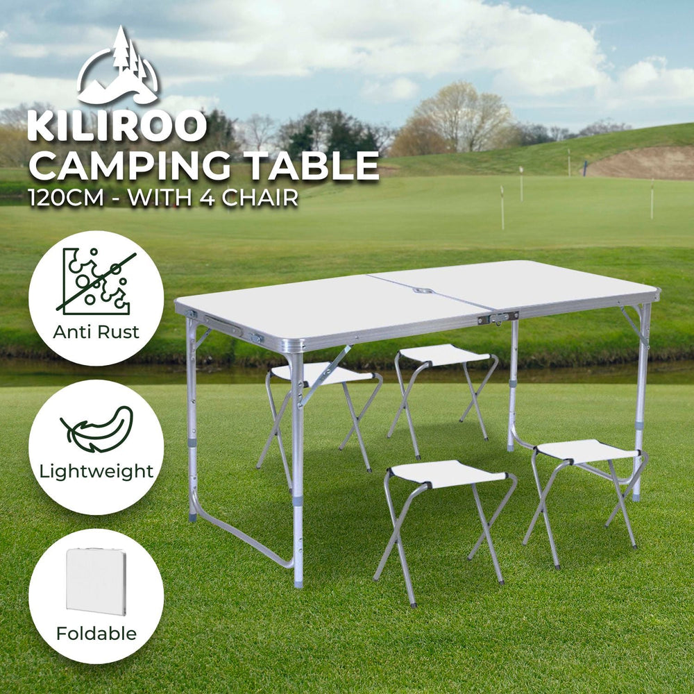 KILIROO Folding Portable Camping Table Outdoor Picnic 120cm Silver with 4 Chair