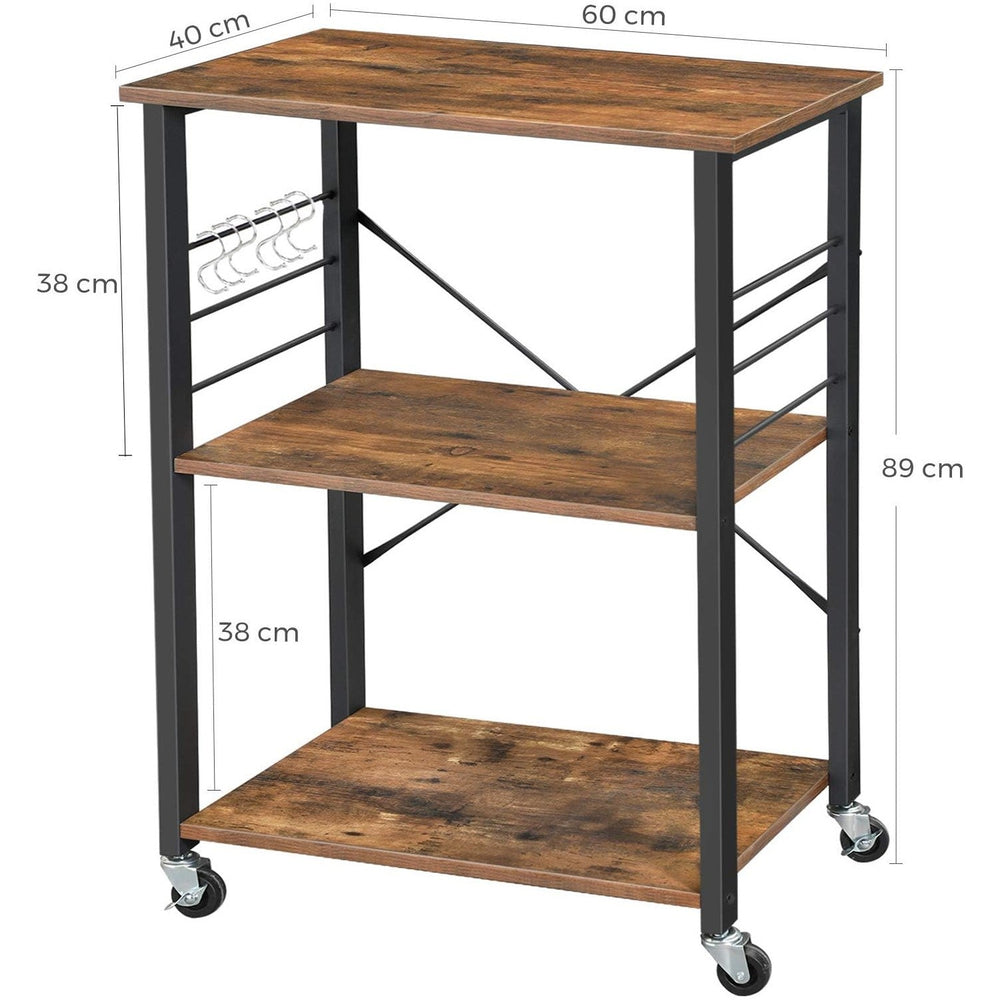 VASAGLE 3 Tier Utility Cart Storage Rack Shelves Kitchen Trolley - Rustic Brown/Black