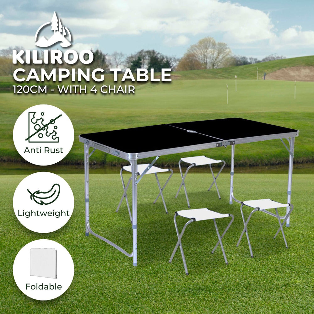 Kiliroo Folding Portable Camping Table Outdoor Picnic 120cm Black with 4 Chair