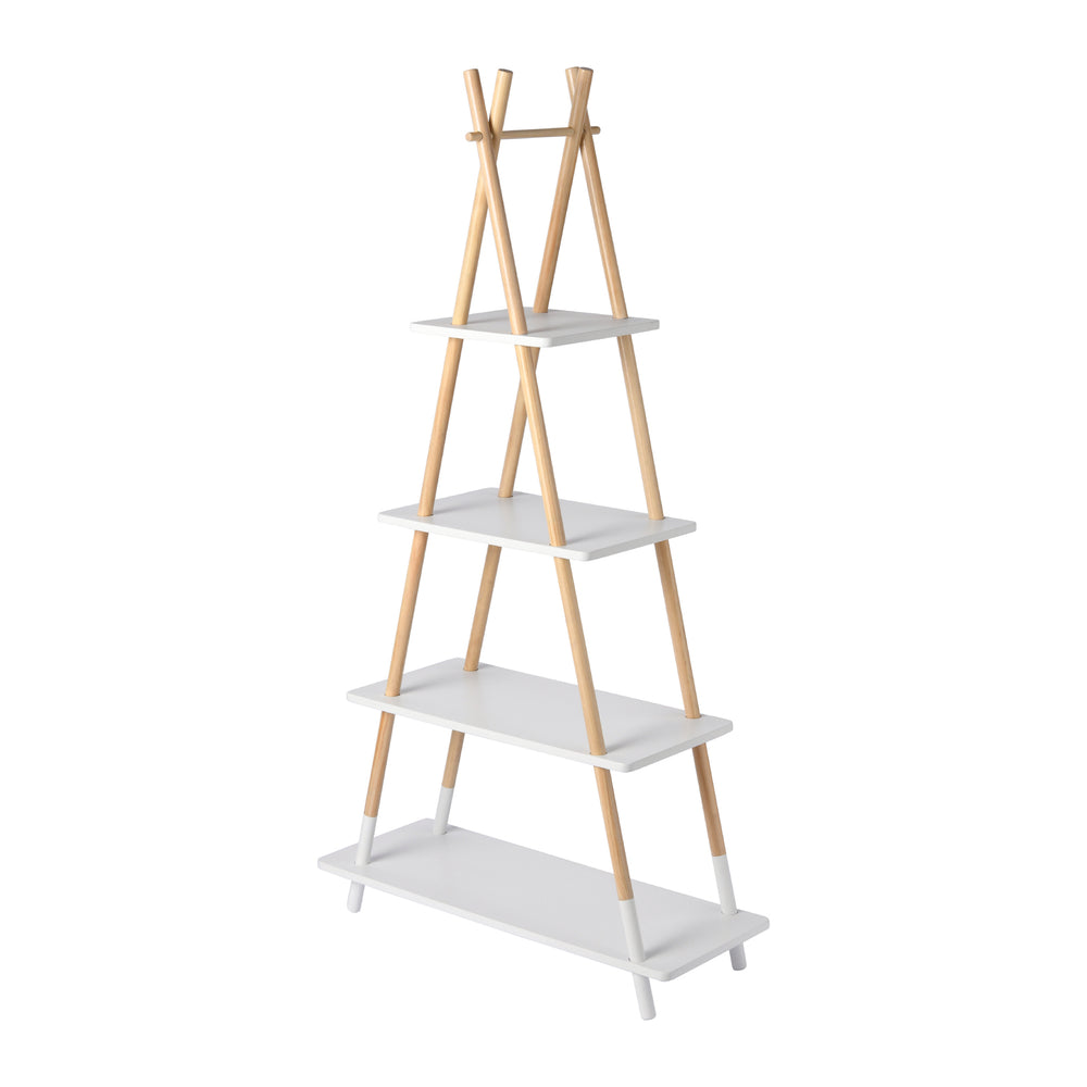 Takara Kusa 4-Tier Natural Wooden A-Frame Ladder Storage Shelf Modern Natural and White Bamboo Tripod Bookcase 30x78x148cm