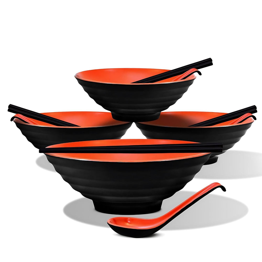 GOMINIMO 4 Sets (12 Piece) Melamine Noodle Soup Bowl Set with Spoon and Chopsticks - Red/Black