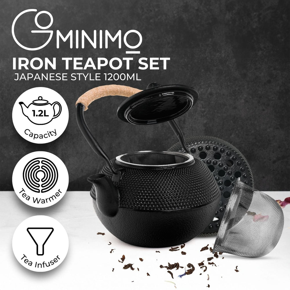 GOMINIMO 1200ml Japanese Style Iron Coffee Kettle Teapot Set with Filter and Warmer - Black