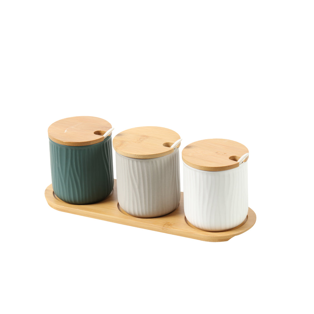 Sherwood Home Round Ceramic Bamboo Seasoning Jar Set - Green, White, Beige - 28.5x9.5x10cm