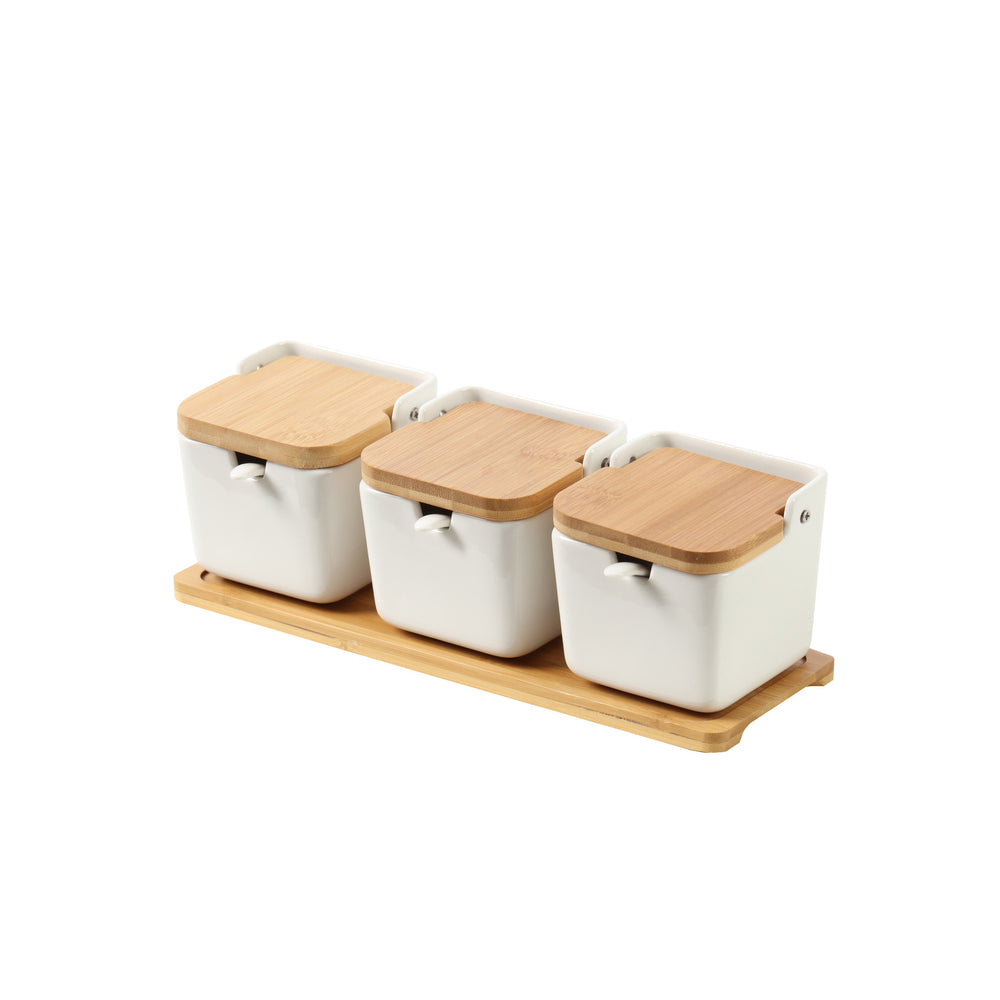 Sherwood Home Ceramic Bamboo Spice and Seasoning Jar Set - Bamboo and White - 32x9.5x10cm