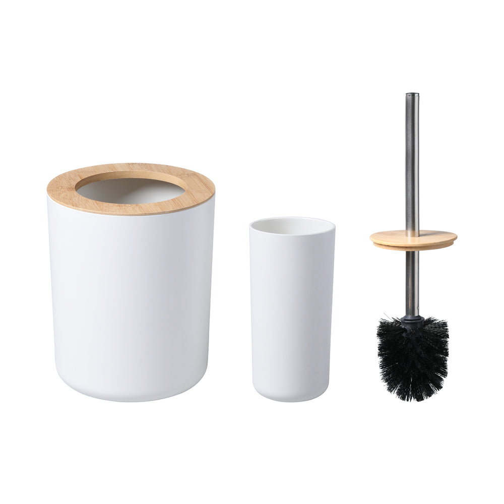 Takara Takae Bathroom Accessory Set - 2-Piece Bamboo Toilet Brusher and Rubbish Bin White