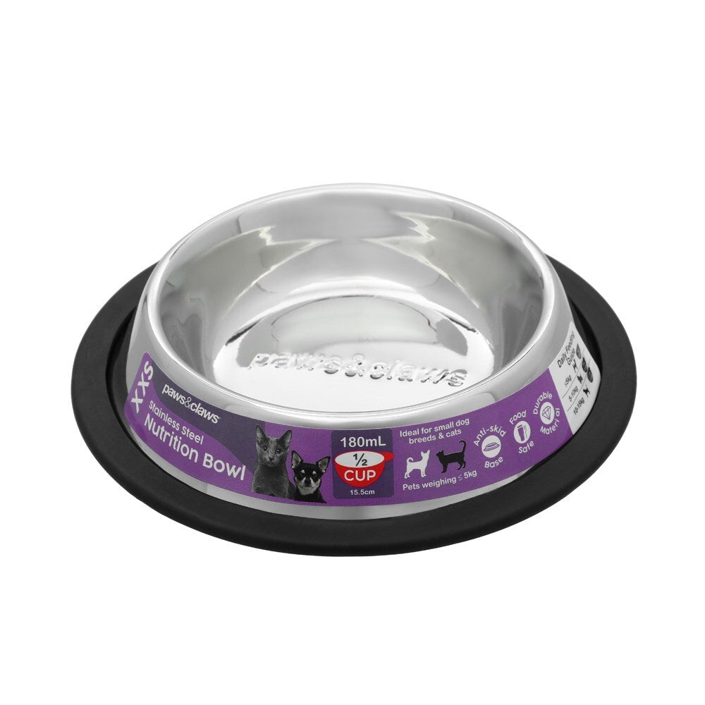 Paws &amp; Claws Stainless Steel Pet Bowl Black Anti-Skid 180ml