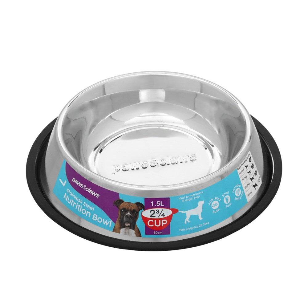 Paws &amp; Claws Stainless Steel Pet Bowl Black Anti-Skid 1.5L
