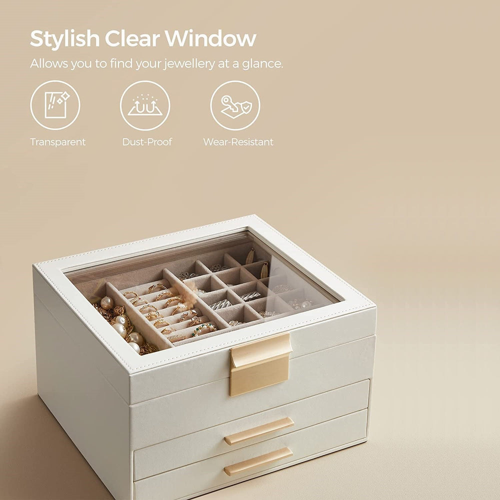 SONGMICS Jewelry Box 3-Layer with 2 Drawers Cloud White