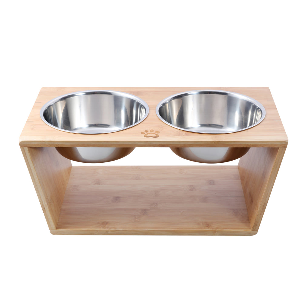 Charlie&#39;s Bamboo Dog Feeder With Stainless Steel Bowls Natural Large