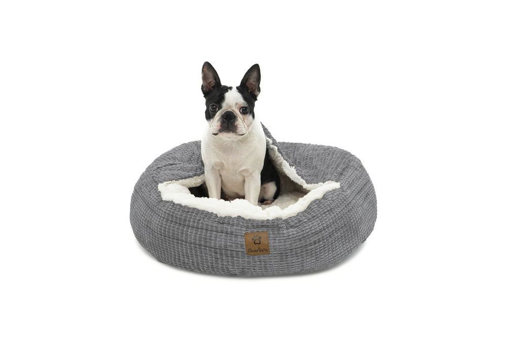 Charlie&#39;s Snookie Hooded Calming Dog Bed Grey Medium