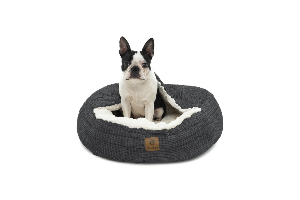 Charlie&#39;s Snookie Hooded Calming Dog Bed Charcoal Small