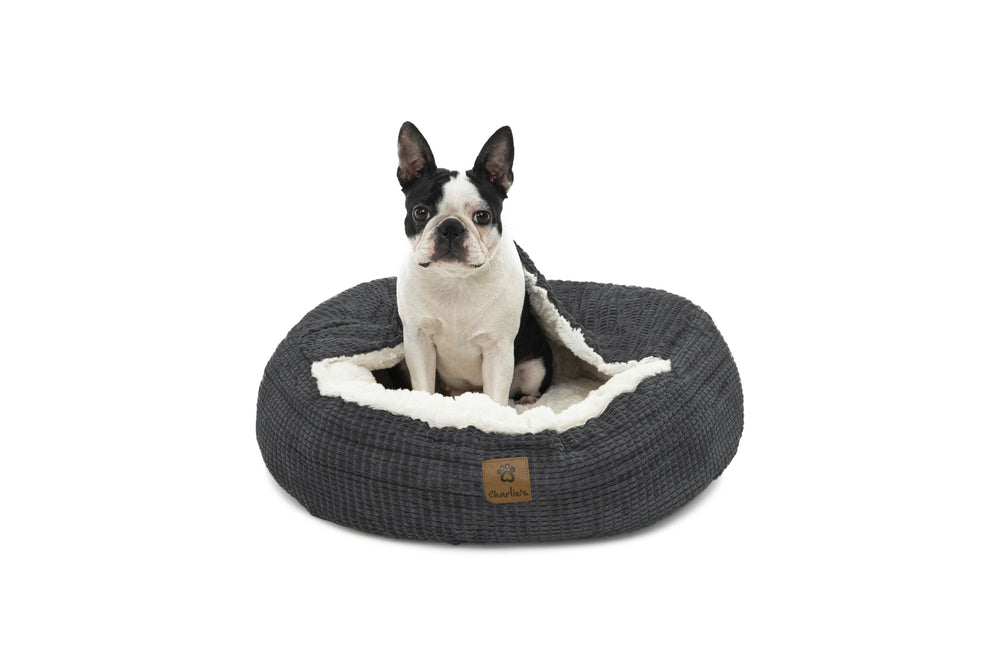 Charlie&#39;s Snookie Hooded Calming Dog Bed Charcoal Medium