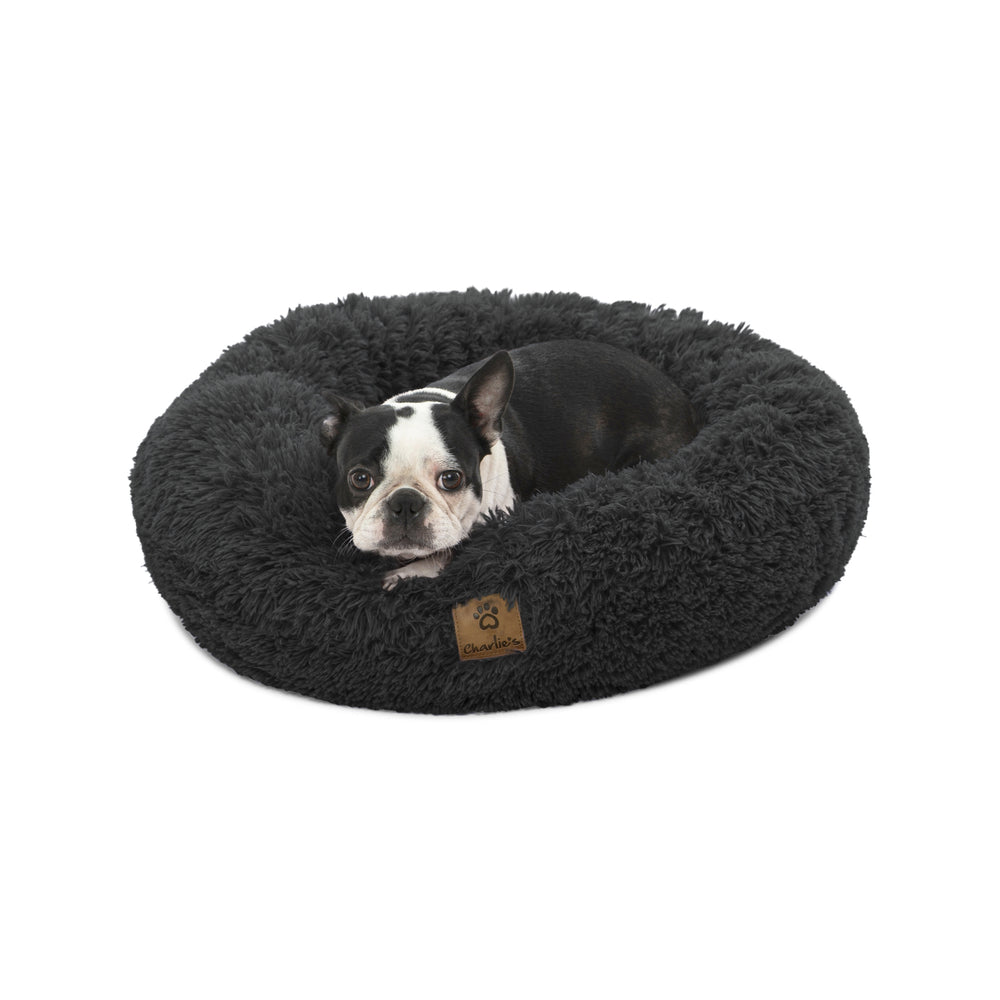 Charlie&#39;s Shaggy Faux Fur Donut Calming Pet Nest Bed Charcoal Small