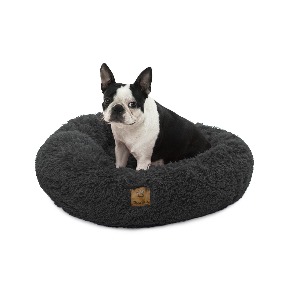 Charlie&#39;s Shaggy Faux Fur Donut Calming Pet Nest Bed Charcoal Small