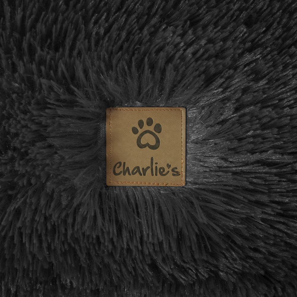 Charlie&#39;s Shaggy Faux Fur Donut Calming Pet Nest Bed Charcoal Small