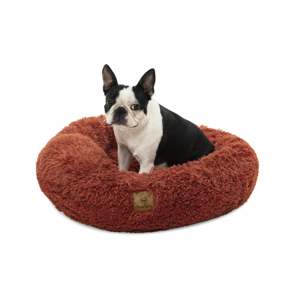 Charlie&#39;s Shaggy Faux Fur Donut Calming Pet Nest Bed Terracotta Small