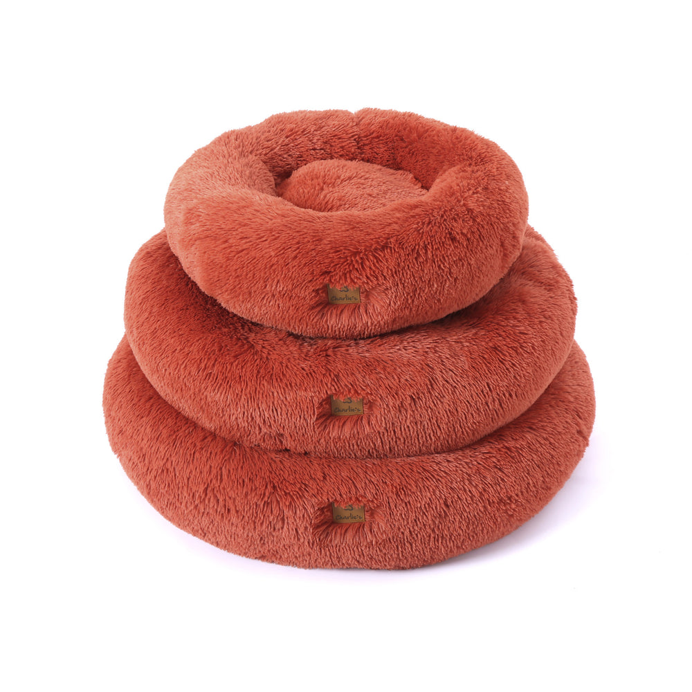 Charlie&#39;s Shaggy Faux Fur Donut Calming Pet Nest Bed Terracotta Small