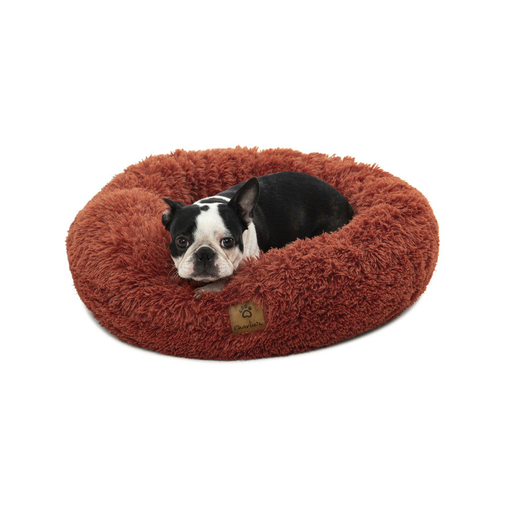 Charlie&#39;s Shaggy Faux Fur Donut Calming Pet Nest Bed Terracotta Small