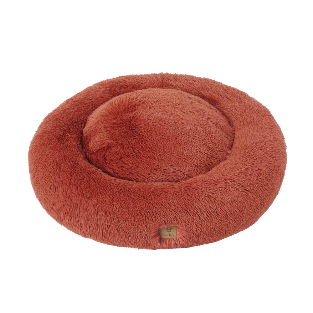 Charlie&#39;s Shaggy Faux Fur Donut Calming Pet Nest Bed Terracotta Large