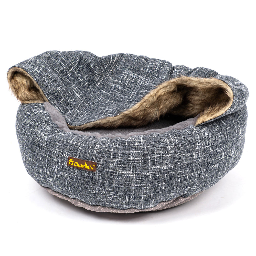 Charlie&#39;s Snookie Faux Linen Hooded Snuggle Dog Bed Dark Grey Small