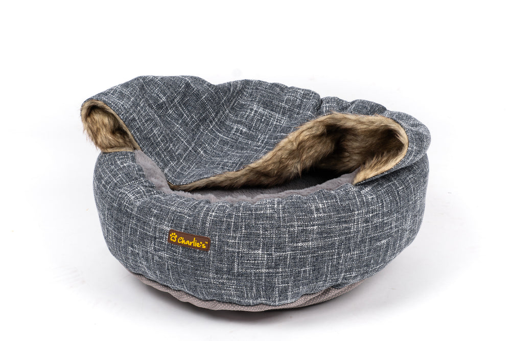 Charlie&#39;s Snookie Faux Linen Hooded Snuggle Dog Bed Dark Grey Small