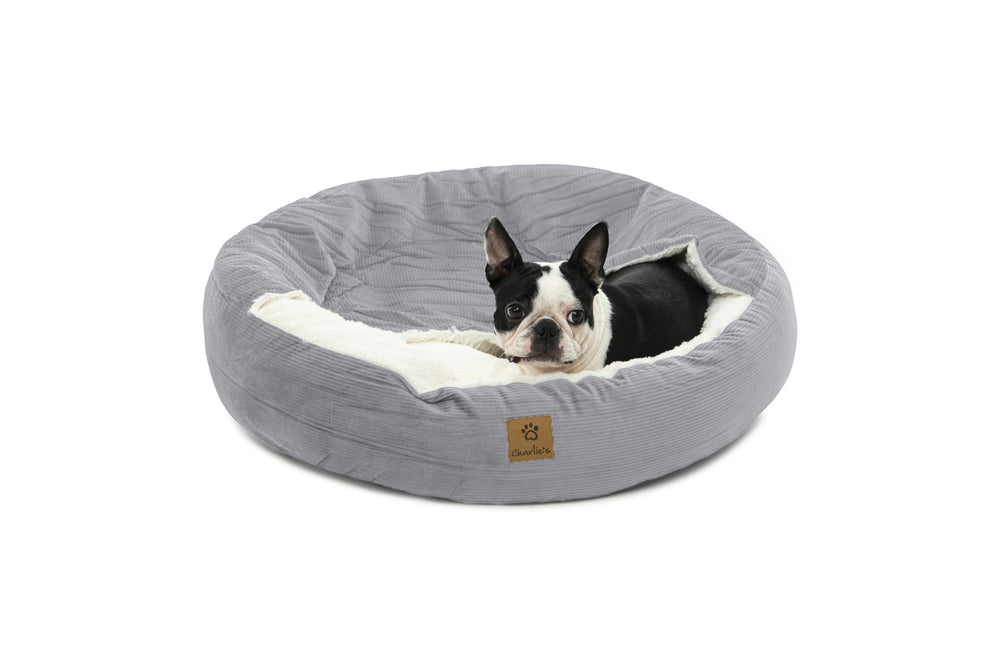 Charlie&#39;s Snookie Hooded Corduroy Calming Dog Bed Dove Grey Large