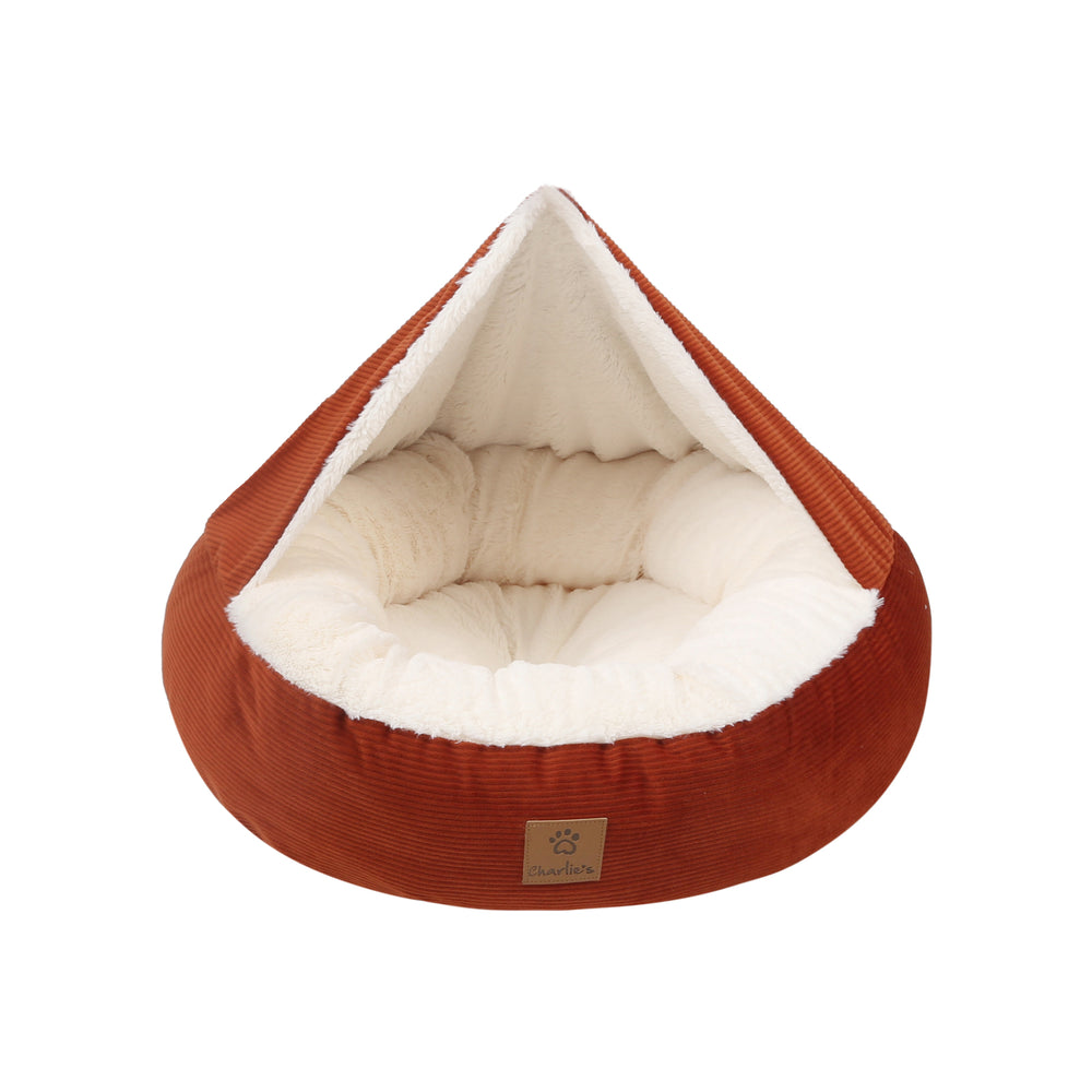Charlie&#39;s Snookie Hooded Corduroy Calming Dog Bed Terracotta Small