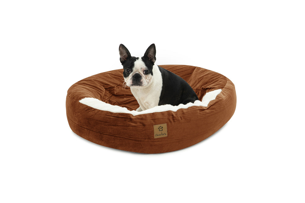 Charlie&#39;s Snookie Hooded Corduroy Calming Dog Bed Terracotta Small