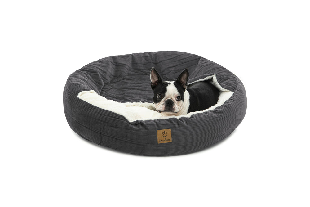 Charlie&#39;s Snookie Hooded Corduroy Calming Dog Bed Charcoal Medium