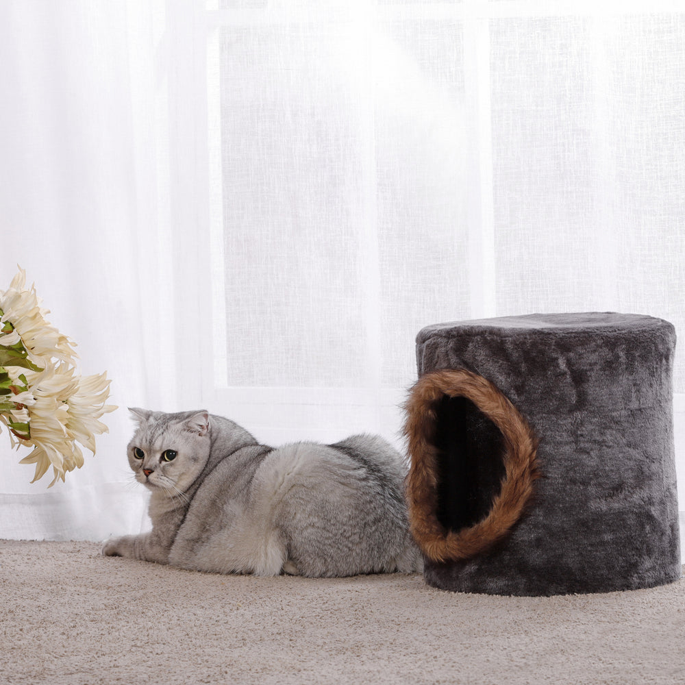 Charlie&#39;s Hidey Cat House with Faux Fur Hole Grey Brown