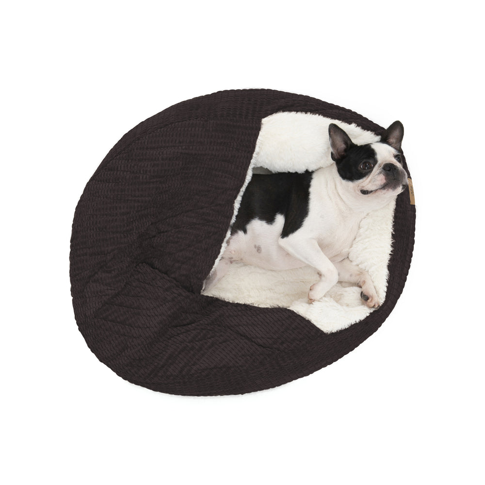 Charlie&#39;s Snookie Hooded Calming Dog Bed Espresso/Latte Large