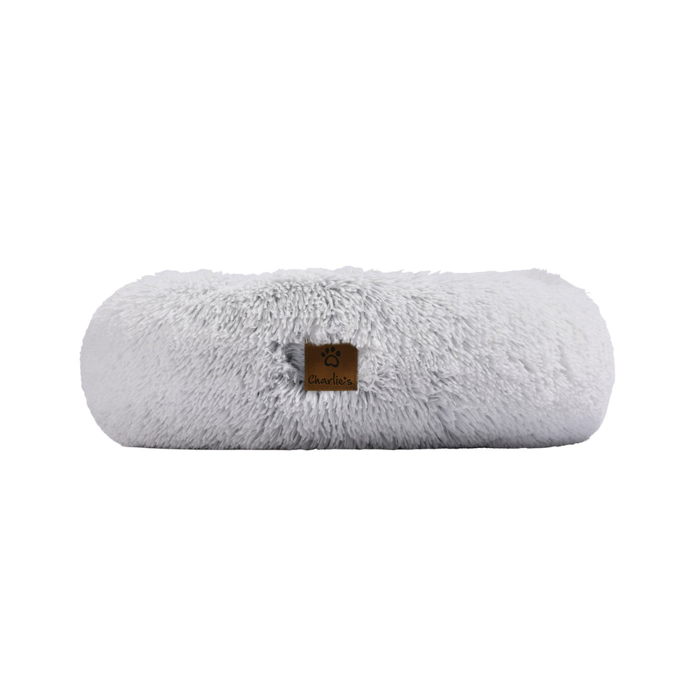 Charlie&#39;s Shaggy Faux Fur Donut Calming Pet Nest Bed Artic White Chinchilla Small